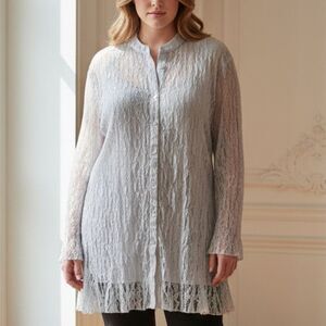NWT Liz & Me Platinum Collection Gray Lace Button-Up Blouse & Cami Set 3X